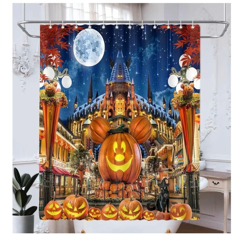 Pumpkin Mickey Mouse Halloween Shower Curtain, 72 x 72,Cartoon Pumpkin Castle